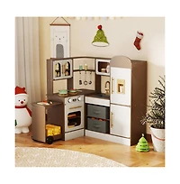 Hongge Kids Corner Wooden Play Kitchen with Lights Sounds Retractable Countertop and Storage