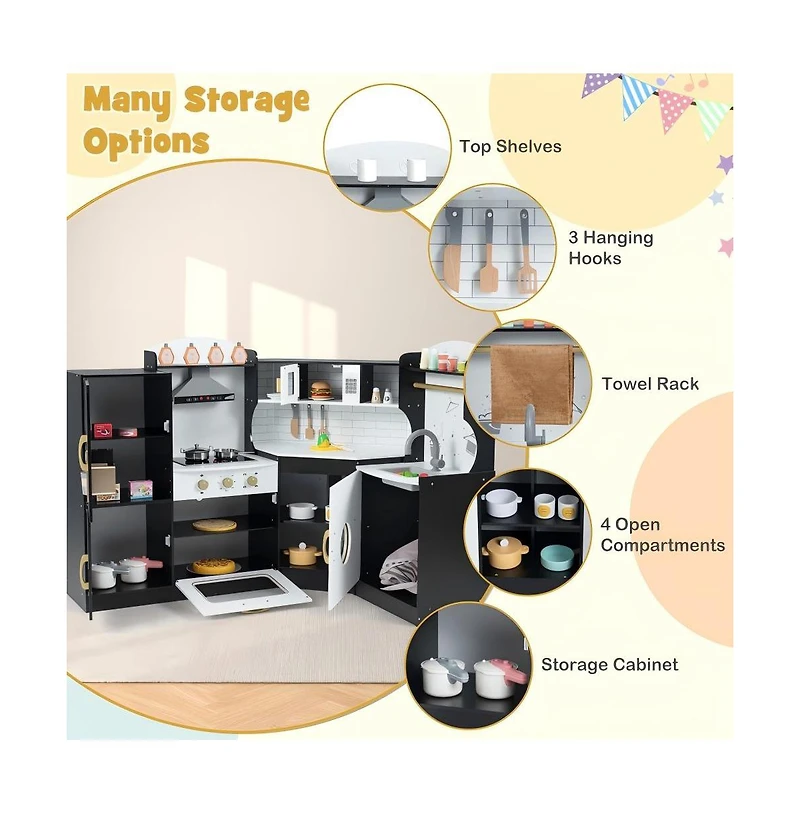 Kids Wooden Corner Play Kitchen Set with Storage and Pretend Cooking Features