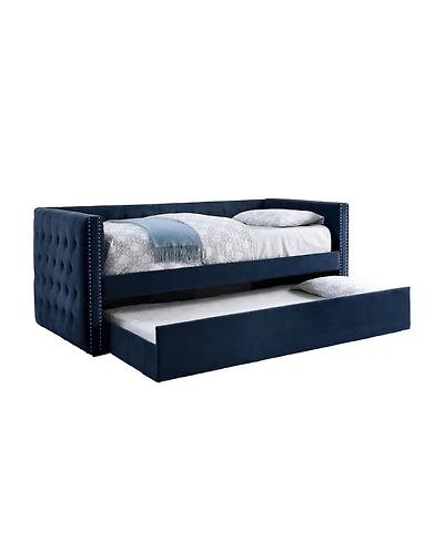 Clihome Navy Flannelette Upholstered Twin Daybed with Trundle