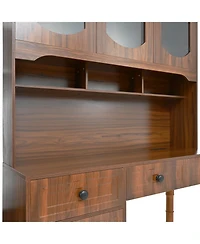 Streamdale Furniture 47" Retro Desk with Hutch, Charging, Drawers & Glass-Door Bookshelf, Walnut
