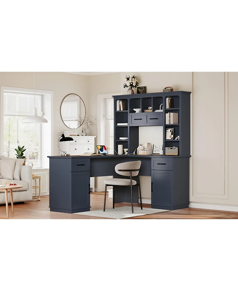 Streamdale Furniture 2-in-1 L-Shaped Desk w/ Cabinets, Drawers, Shelves & Power Outlet - Antique