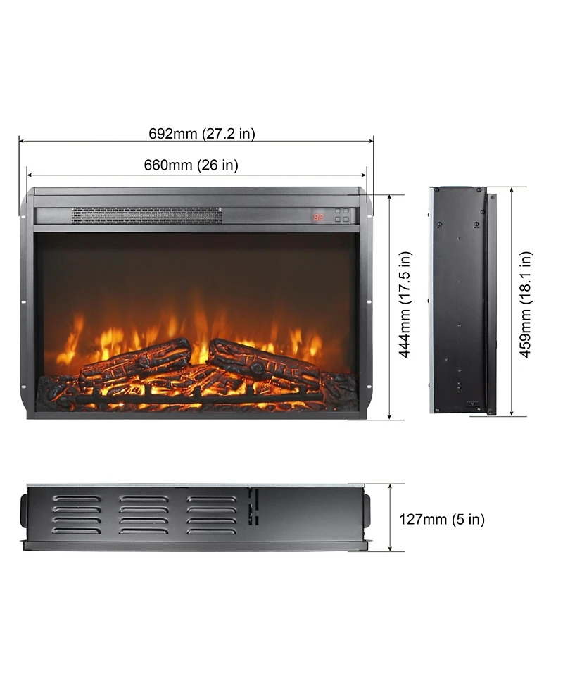 Flynama 26 inch electric fireplace insert, ultra thin heater with log set & realistic flame, remote control with timer, overheating protection