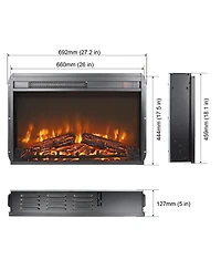 Flynama 26 inch electric fireplace insert, ultra thin heater with log set & realistic flame, remote control with timer, overheating protection