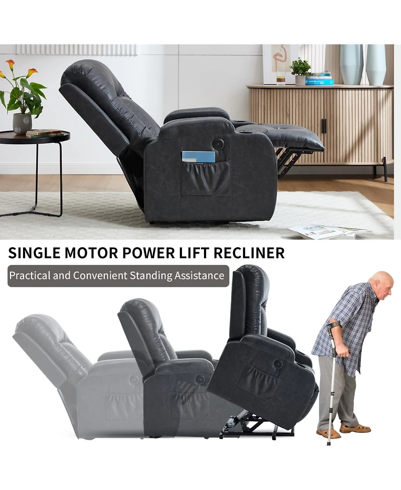 Streamdale Furniture Streamdale Dark Grey Power Lift Recliner, 350 Lbs, Massage, Heat, Usb & Cup Holders