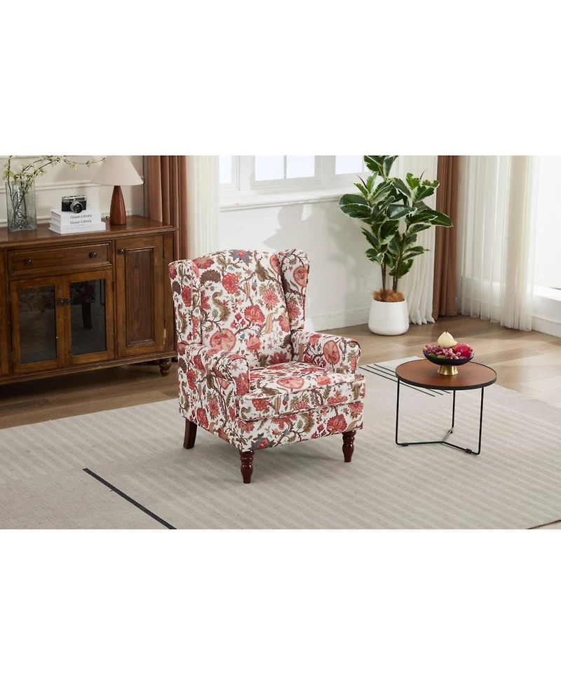 Streamdale Furniture Floral Red Accent Chair with Wood Legs