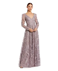 Mac Duggal Women's Floral Embroidered V Neck Long Sleeve Gown