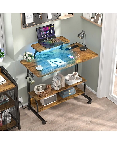 Aheaplus Small Standing Desk with Power Outlets and Led Light, Mobile Lift Top Desk with Monitor Stand