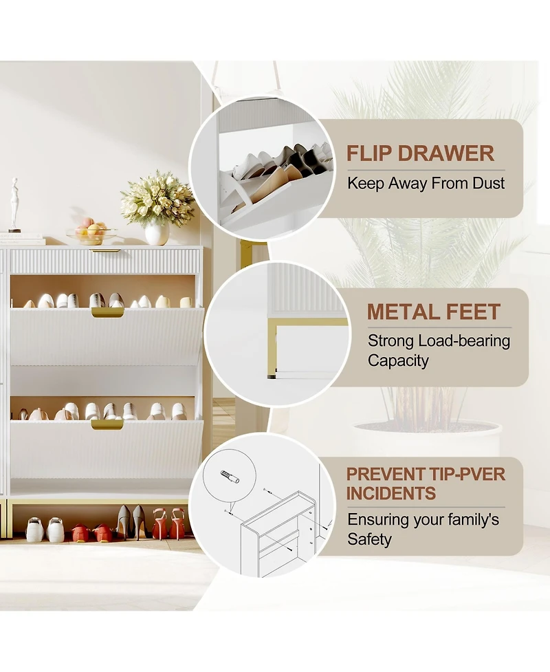 gaomon Fluted Shoe Storage Cabinet, Narrow Shoe Organizer with 2 Flip Drawers