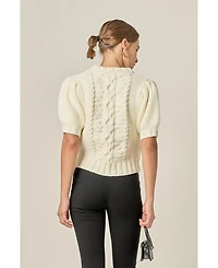 English Factory Women's Cable Puff Sleeve Knit with Flower Details