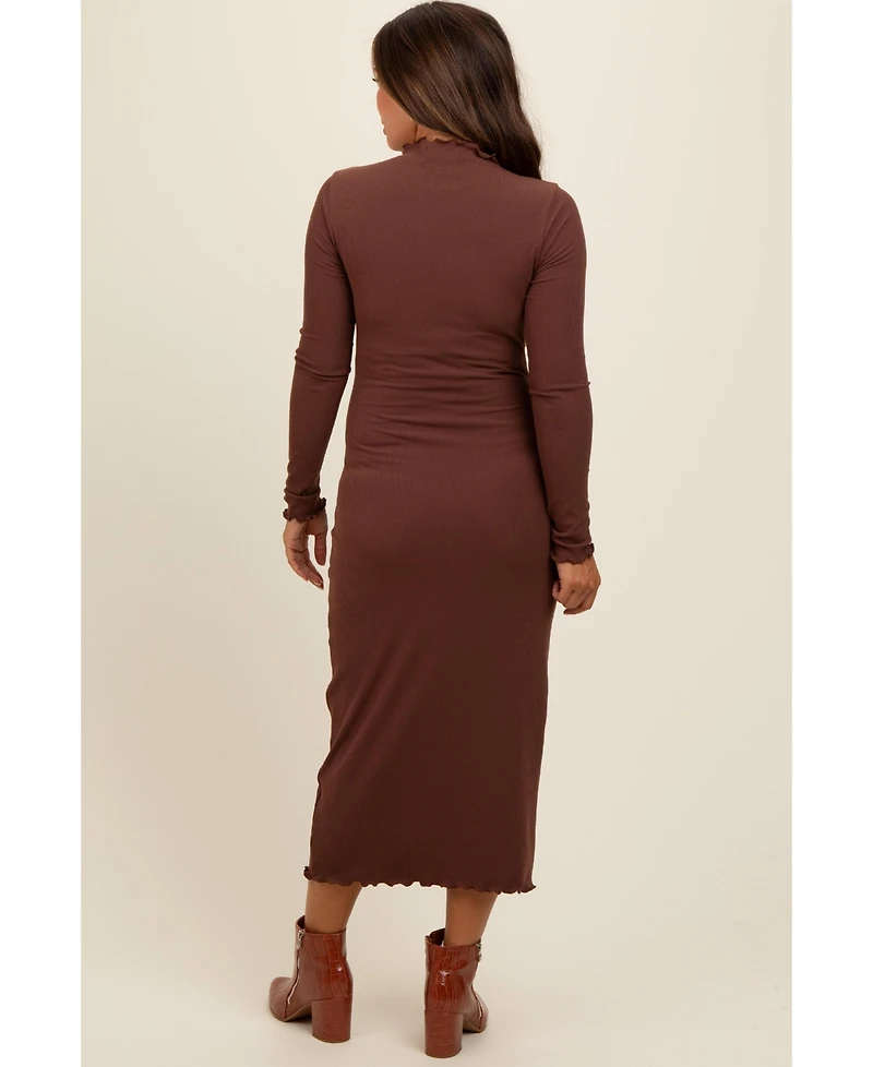 Pinkblush Maternity Brown Ruffle Mock Neck Long Sleeve Midi Dress