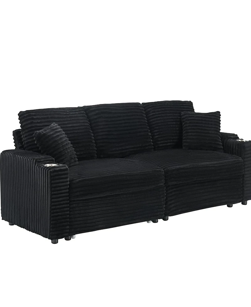 Maison Boucle 80" Pull-Out Corduroy Sleeper Sofa Bed with Cup Holders & Pillows for Living Room or Apartment
