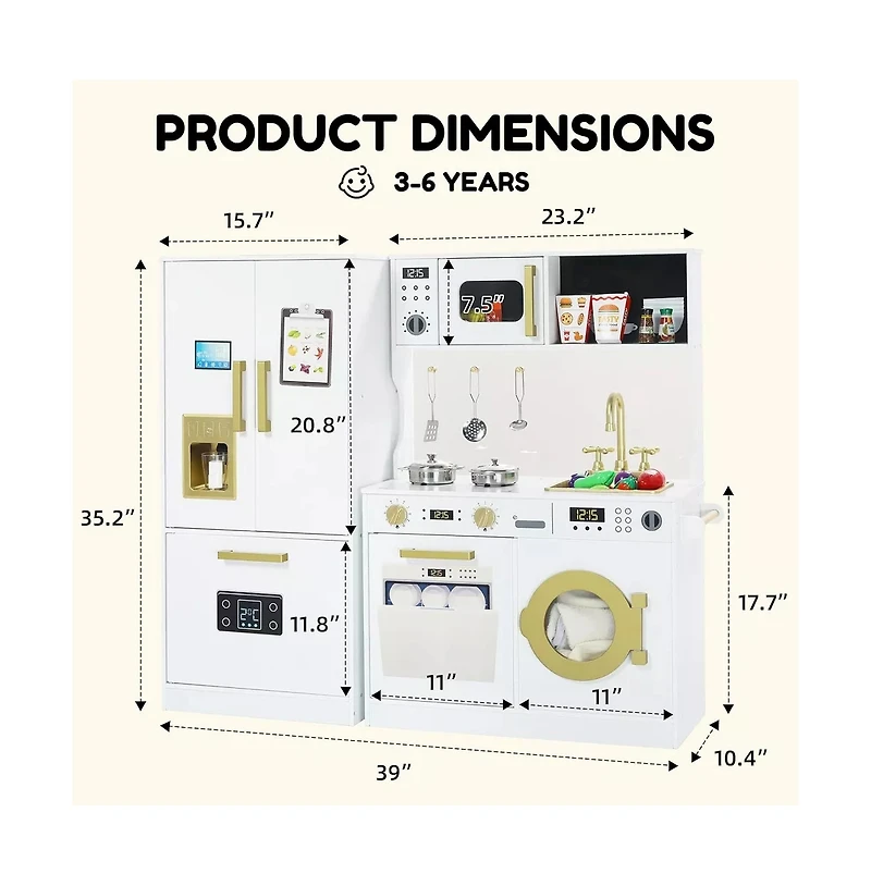 Kinder King Pretend Play Kitchen Wooden Toy Set for Kids with Sounds, Utensils, Oven & Microwave, Gift for Age 3+