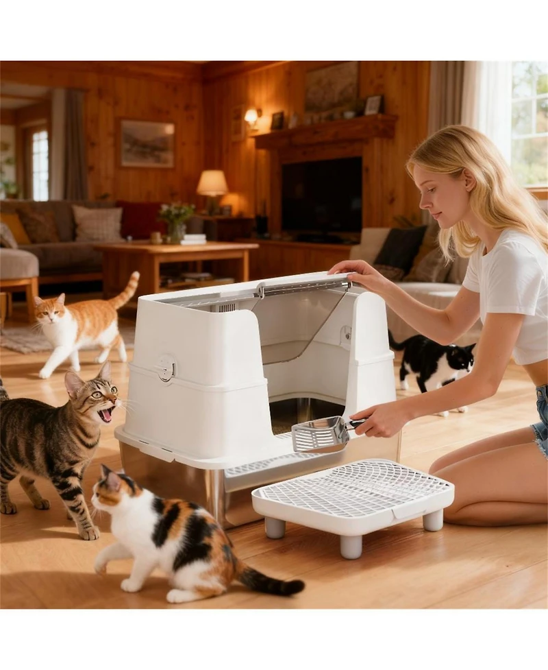 Aostirmotor Modern Stainless Steel Litter Box Cabinet: Seamless Top/Side Dual Entry for Cats in Light Gray