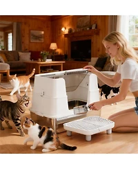 Aostirmotor Modern Stainless Steel Litter Box Cabinet: Seamless Top/Side Dual Entry for Cats in Light Gray