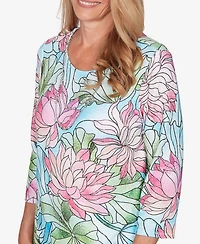 Alfred Dunner Petite Classic Stained Glass Floral Print Top with Necklace
