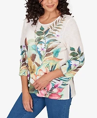 Alfred Dunner Petite Classic Tropical Print Top with Necklace