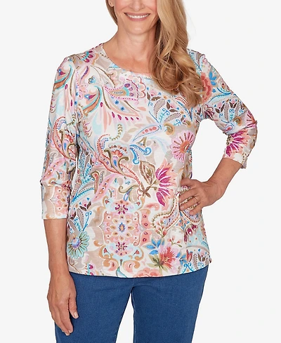 Alfred Dunner Petite Classic Paisley Floral Pleated Neck Top