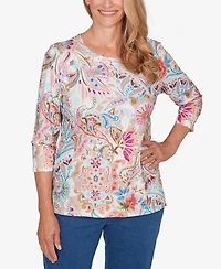 Alfred Dunner Petite Classic Paisley Floral Pleated Neck Top