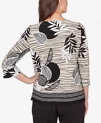 Alfred Dunner Petite Classic Tropical Leaf Border Print Split Neck Top