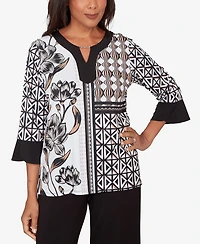 Alfred Dunner Petite Classic Floral Geo Patchwork Split Neck Top