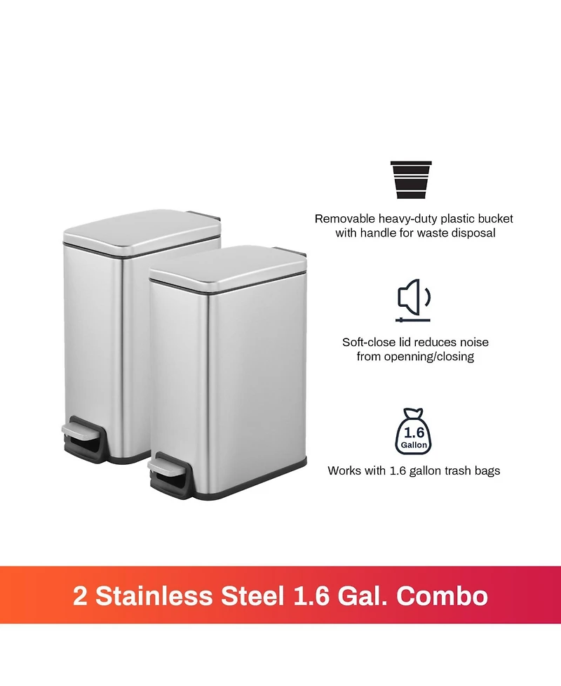 Mega Casa 1.6 Gallon Rectangular Step-on Trash Can Set