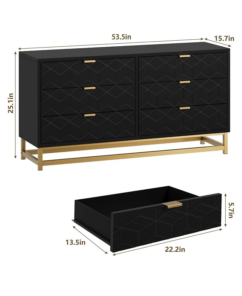 gaomon Dresser for Bedroom, 53.5" Large Organizer, 6 Drawer with Golden Metal Handle and Legs
