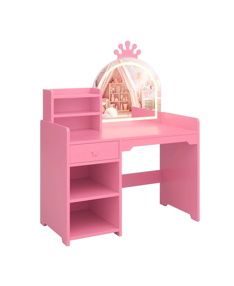 "Gaomon Kids Vanity Table & Chair Set with Mirror, Lights, Drawer & Shelves – White Wooden Makeup Desk for Little Girls Bedroom"