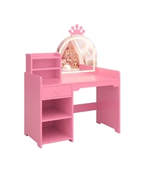 "Gaomon Kids Vanity Table & Chair Set with Mirror, Lights, Drawer & Shelves – White Wooden Makeup Desk for Little Girls Bedroom"