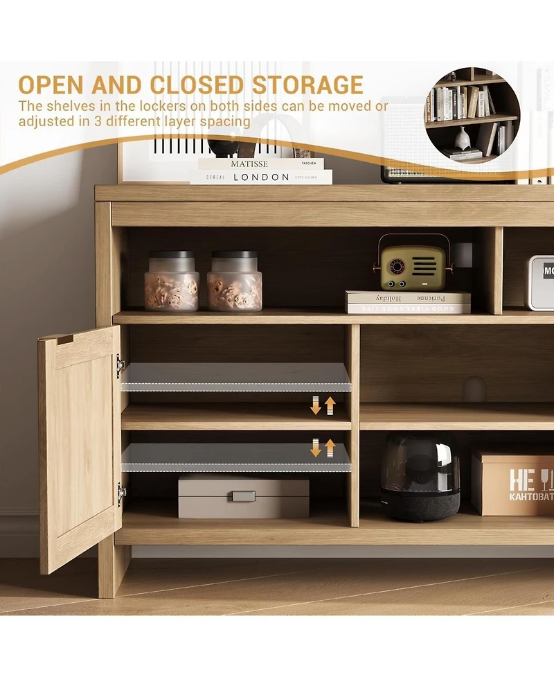 gaomon 58" Boho Tv Stand for 65" TVs, Rattan Entertainment Center with Adjustable Shelves, Oak