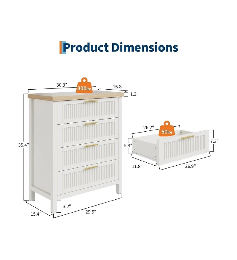 gaomon Fluted Dresser for Bedroom, Chest of Dressers, 35inch Tall Dresser for Closet with 4 Fluted Drawers, Chest with Clothes Storage Cabinet, White