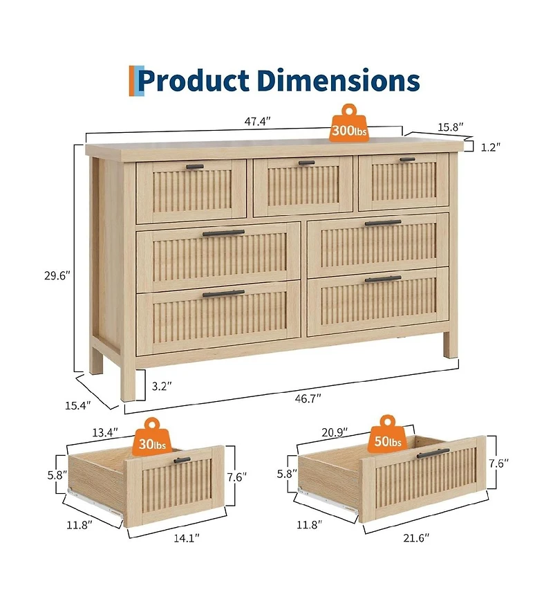 gaomon 7 Drawer Dresser with Textured Fronts, Wide Storage Chest for Bedroom, Living Room, Entryway, Tv Stand, Wood