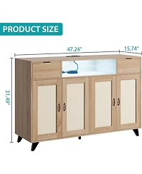 gaomon Rattan Sideboard Buffet Cabinet, 4 Doors 2 Drawers, Built-in Power Outlet, Adjustable Shelves, Kitchen, Dining Room, Black