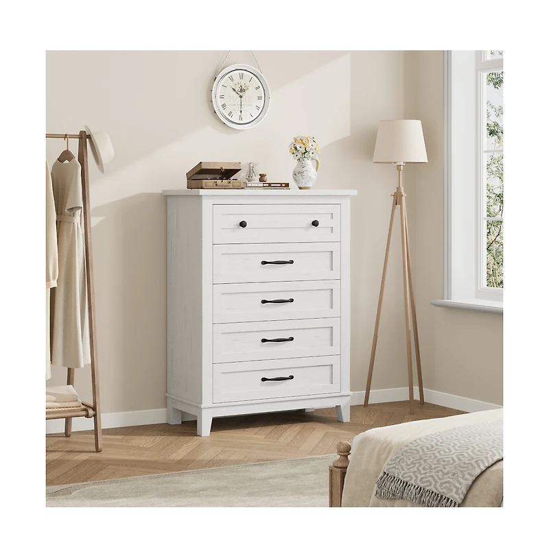 gaomon 5-Drawer White Freestanding Wooden Chest, 41.3" Tall, Vertical Dresser for Living Room, Bedroom, Entryway