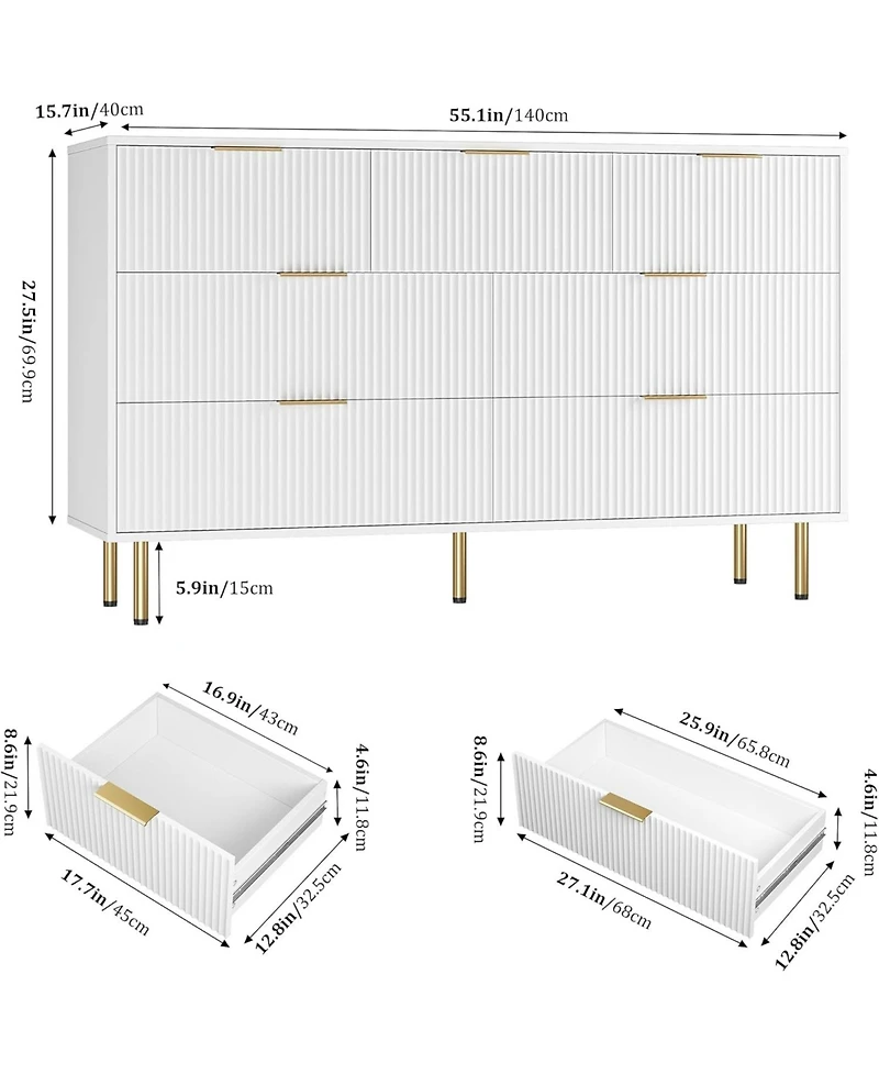 gaomon 7-Drawer Modern Fluted Wood Dresser with Gold Handle, Large Chest Storage Organizer for Bedroom, Closet, Living Room, Hallway, White