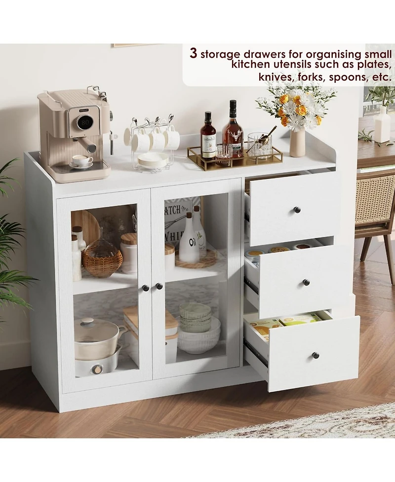 gaomon 43 Inch Buffet Cabinet with Storage, Modern Sideboard with Guardrail, Adjustable Shelves, 3 Drawers, Kitchen, White