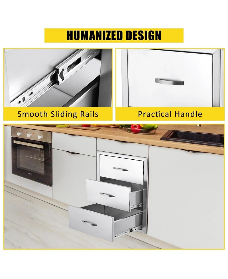 gaomon 20W x 23D x 27H Inch Outdoor Kitchen Drawers, Flush Mount Triple Bbq Storage Drawers, Stainless Steel