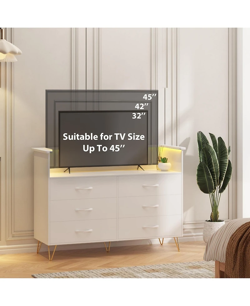 gaomon 6 Drawer Pink Dresser for Bedroom with Led Light, Modern Storage Chest Organizer