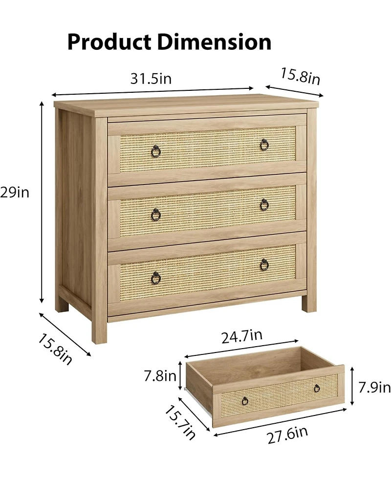 gaomon 3-Drawer Natural Rattan Dresser, Freestanding Storage Cabinet, Anti-Tip, Extra Deep Drawers, Bedroom, Nursery, Living Room