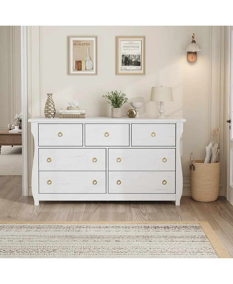 gaomon 7-Drawer Modern Wood Dresser with Golden Ring Pull Handles, Wide Storage Chest Organizer for Living Room, Entryway