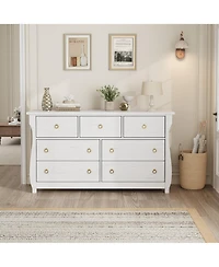 gaomon 7-Drawer Modern Wood Dresser with Golden Ring Pull Handles, Wide Storage Chest Organizer for Living Room, Entryway