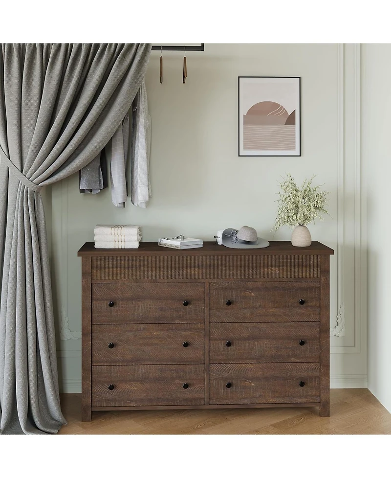 gaomon 6-Drawer Farmhouse Dresser Bedroom Wooden Chest of Drawers, Fluted Tv Stand Storage Cabinet for Living Room, Hallway, Office