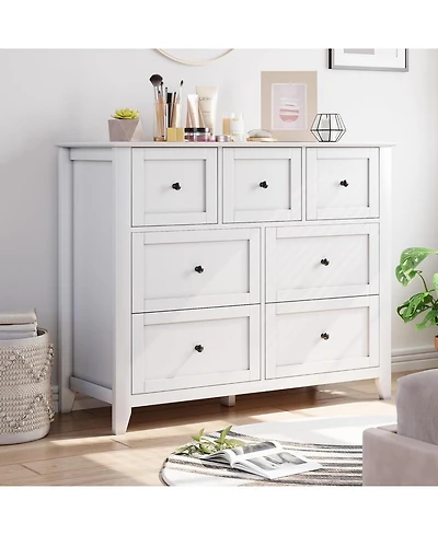 gaomon 7-Drawer Modern White Dresser, Wood Storage Cabinet Organizer Tv Stand for 48" Tv, Bedroom, Living Room, Entryway