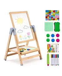 Mecale Kids Art Easel, 2-in-1 Wooden Double-Sided Easel with Whiteboard, Chalkboard and Painting Accessories