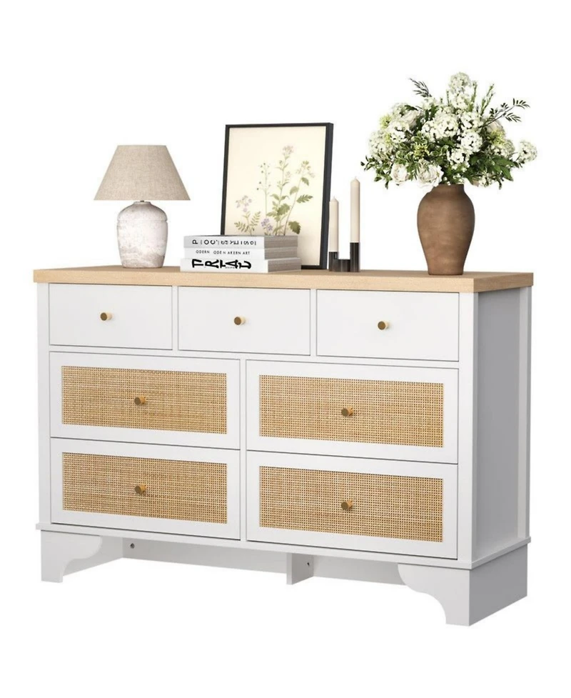 gaomon 7-Drawer Modern Dresser for Bedroom, Wood Chest with Natural Rattan Fronts, Sturdy Base, Organizer for Living Room, Entryway