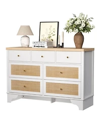 gaomon 7-Drawer Modern Dresser for Bedroom, Wood Chest with Natural Rattan Fronts, Sturdy Base, Organizer for Living Room, Entryway