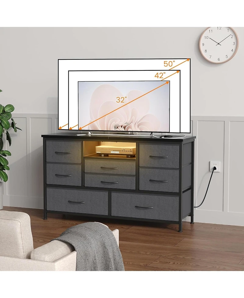 gaomon 8-Drawer Dresser Tv Stand with Led Lights & Charging Station, 55" Entertainment Center Storage