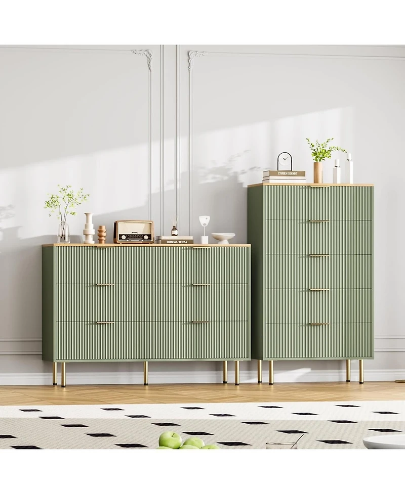 gaomon 6-Drawer Modern Fluted Wood Dresser with Gold Handle, Large Storage Organizer for Bedroom, Living Room, Hallway, Green