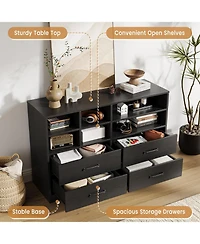gaomon 4-Drawer Black Bedroom Dresser, 6 Open Shelves, Modern Tv Stand, Space-Saving Cabinet for Living Room