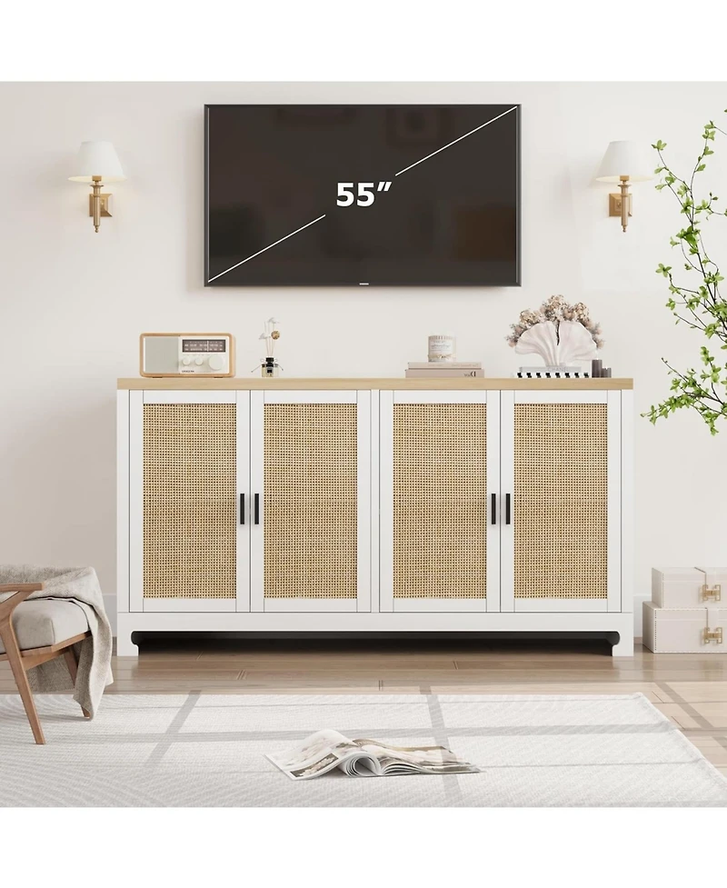 gaomon Modern Rattan Accent Storage Cabinet with 4 Doors & Shelf, Console Coffee Bar, Dining Room, Kitchen, Living Room, White