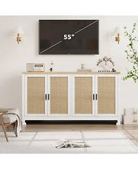 gaomon Modern Rattan Accent Storage Cabinet with 4 Doors & Shelf, Console Coffee Bar, Dining Room, Kitchen, Living Room, White